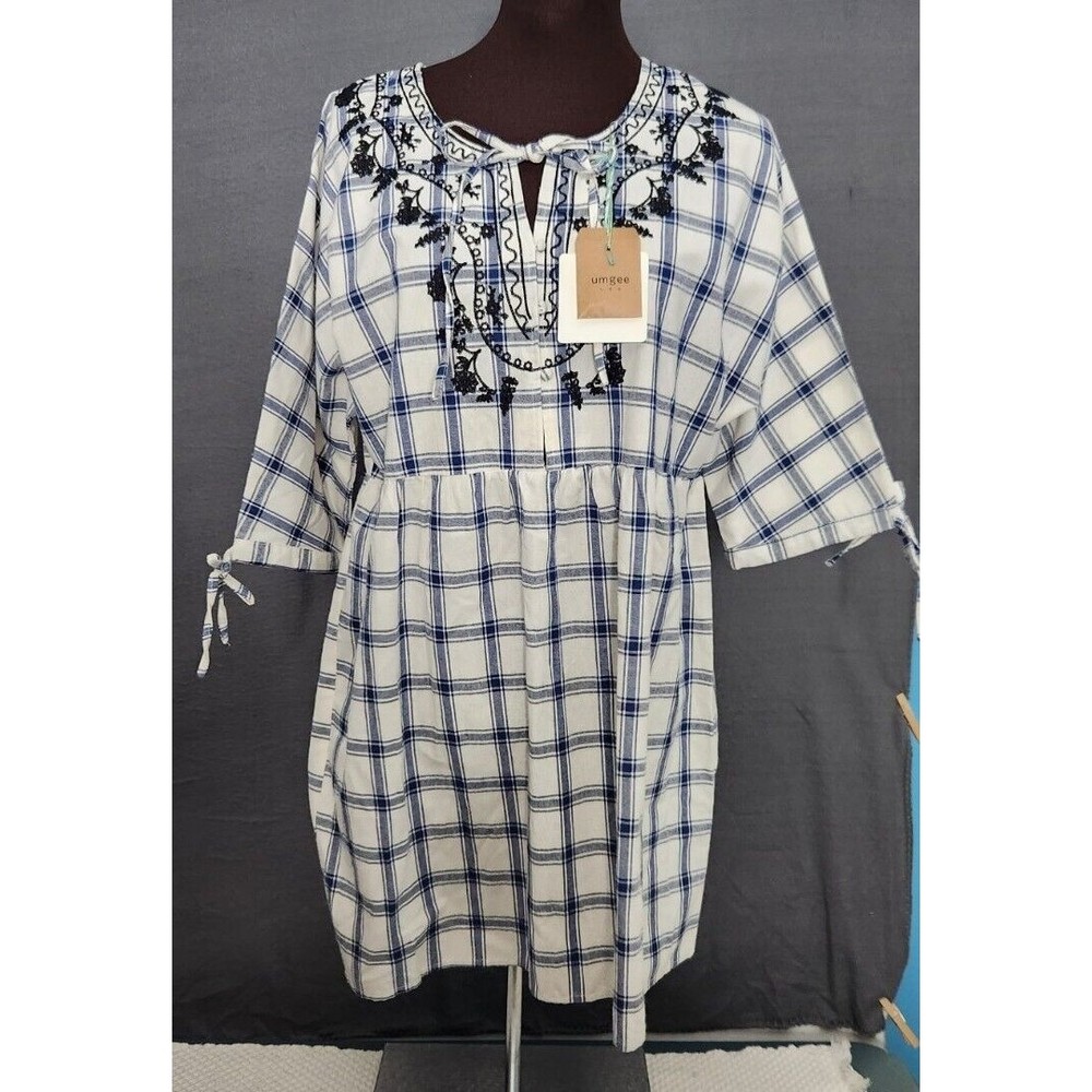 NEW Umgee Plaid Embroidered Short Sleeve Ivory Navy Babydoll Dress‎ Women Boho L